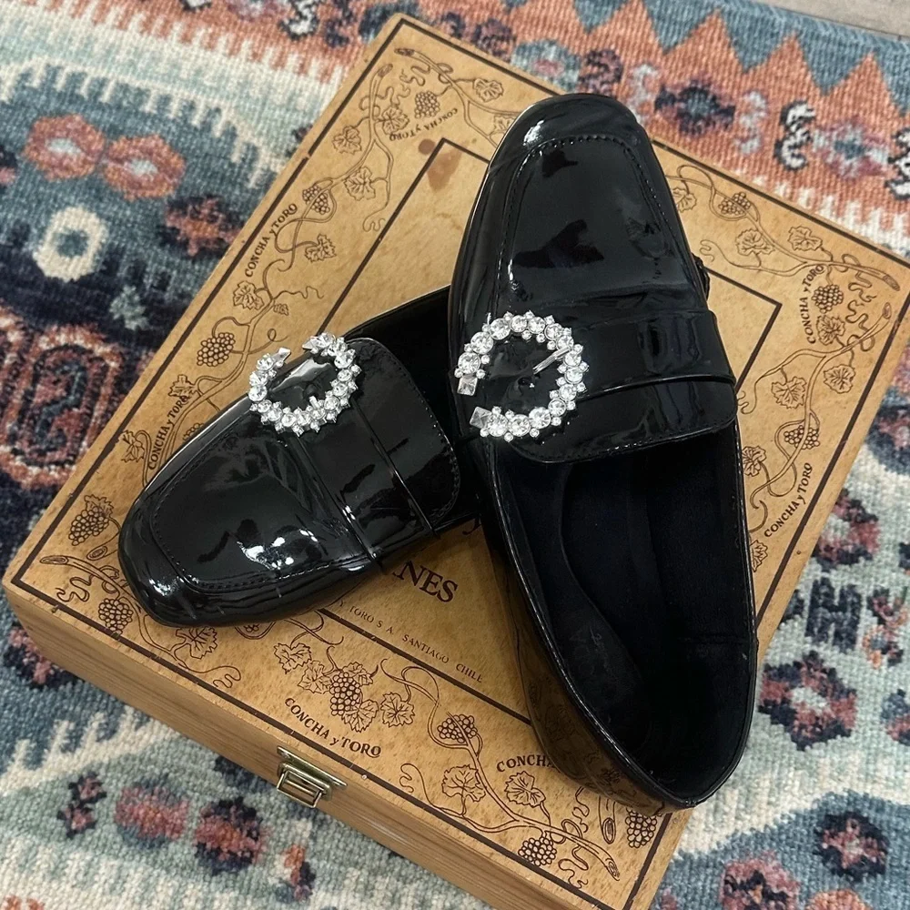 Top Moda Women’s Black Patent Crystal-Embellished Women's Loafers Size 7.5